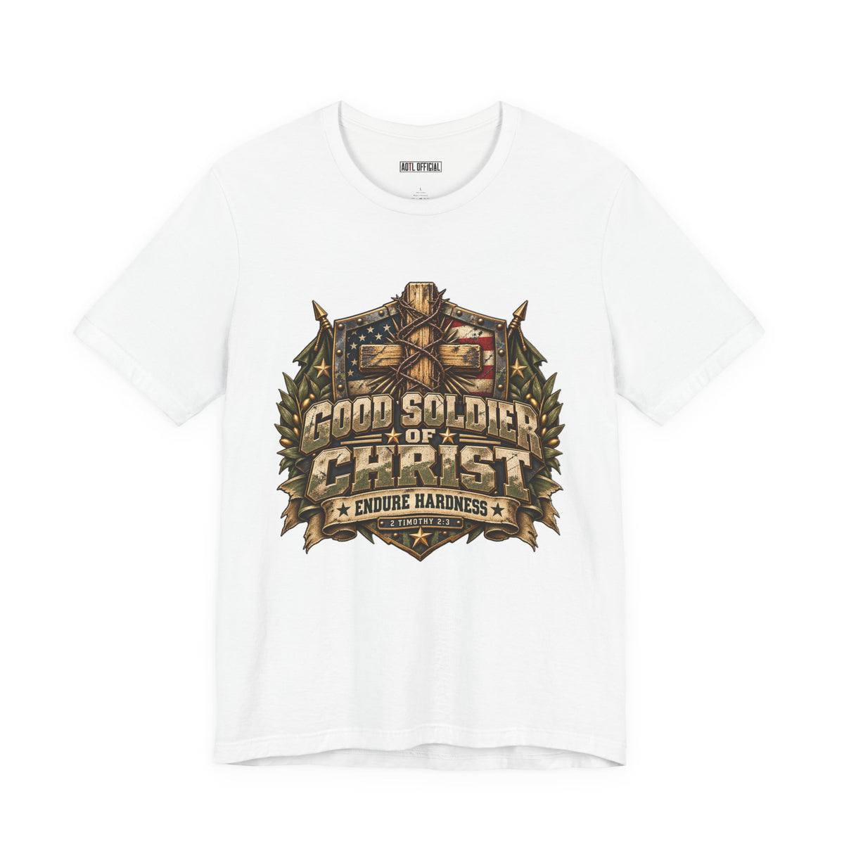 Good Soldier of Christ — Endure Hardness Christian T-shirt. Inspired by 2 Timothy 2:3, it calls you remain steadfast in your commitment to Christ. 