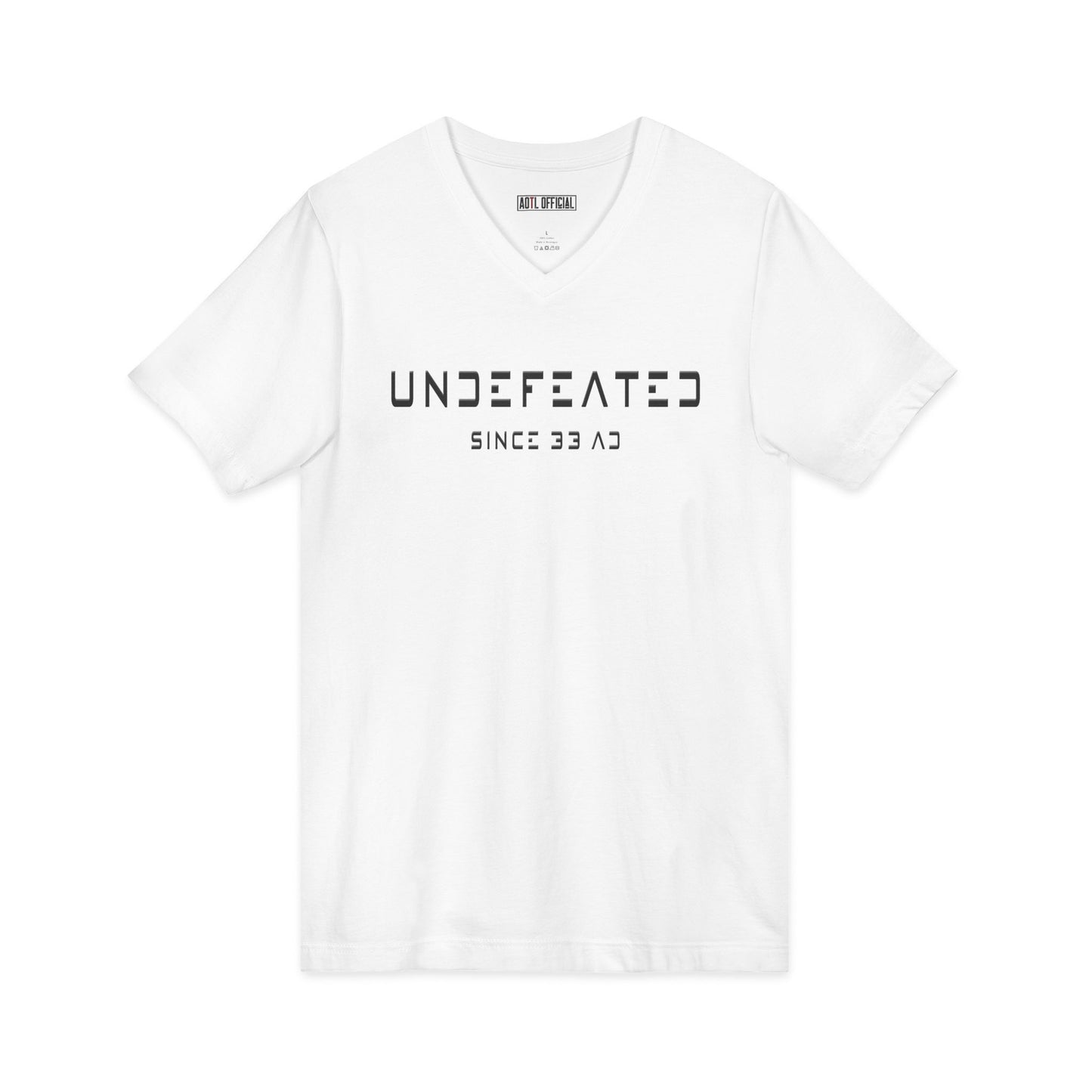Undefeated Since 33 AD Modern Script Christian V-neck t-shirt faith-inspired design

