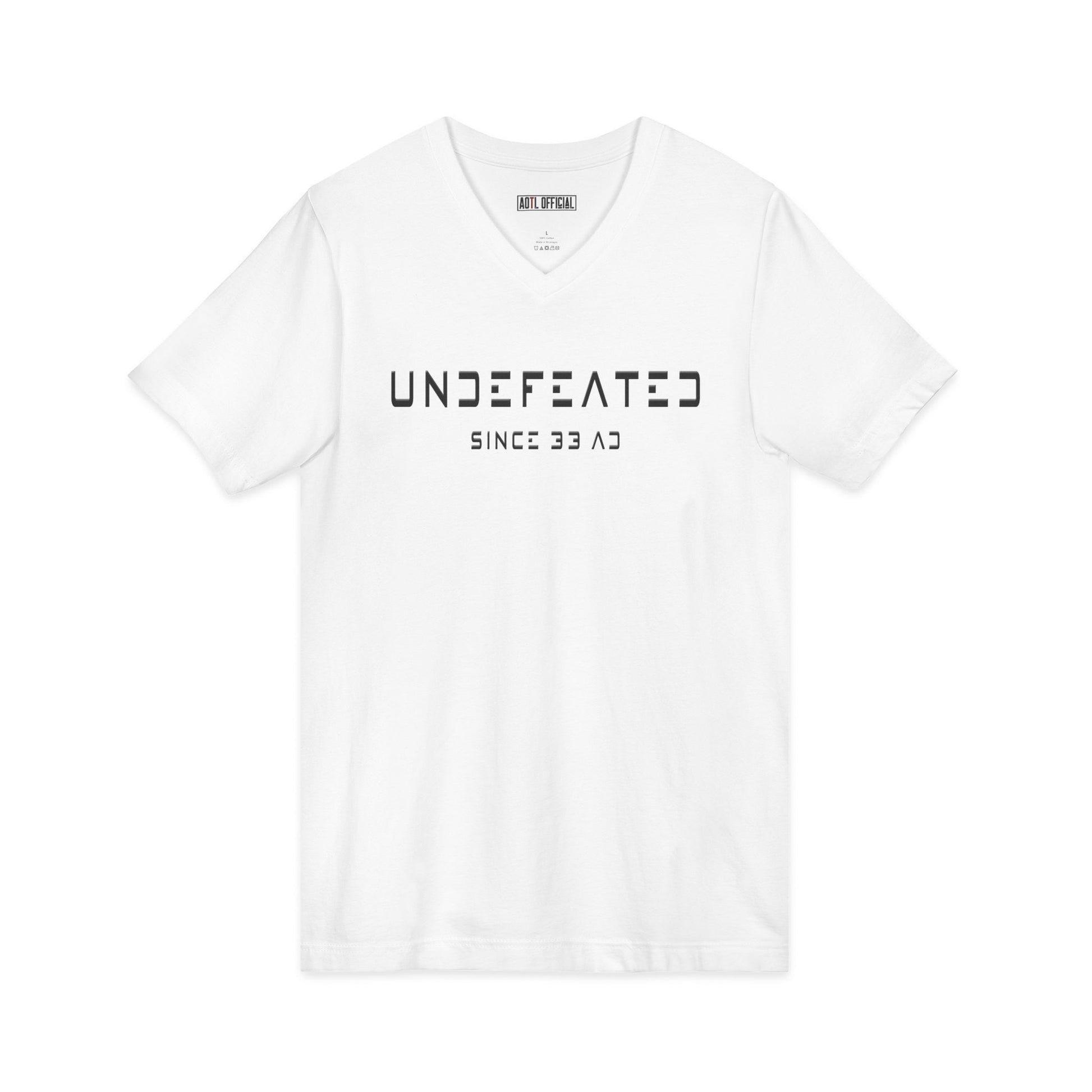 Undefeated Since 33 AD Modern Script Christian V-neck t-shirt faith-inspired design
