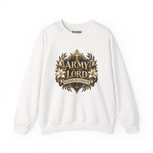 Army of the Lord Clothed in Strength Christian Sweatshirt. An ornate gold cross, white lilies, and a rich navy crest bring elegance to this declaration of faith