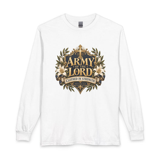 Army of the Lord -Clothed in Strength Christian Shirt.  Inspired by Proverbs 31:25, this design remind to walk with strength, dignity, and confidence in God. 