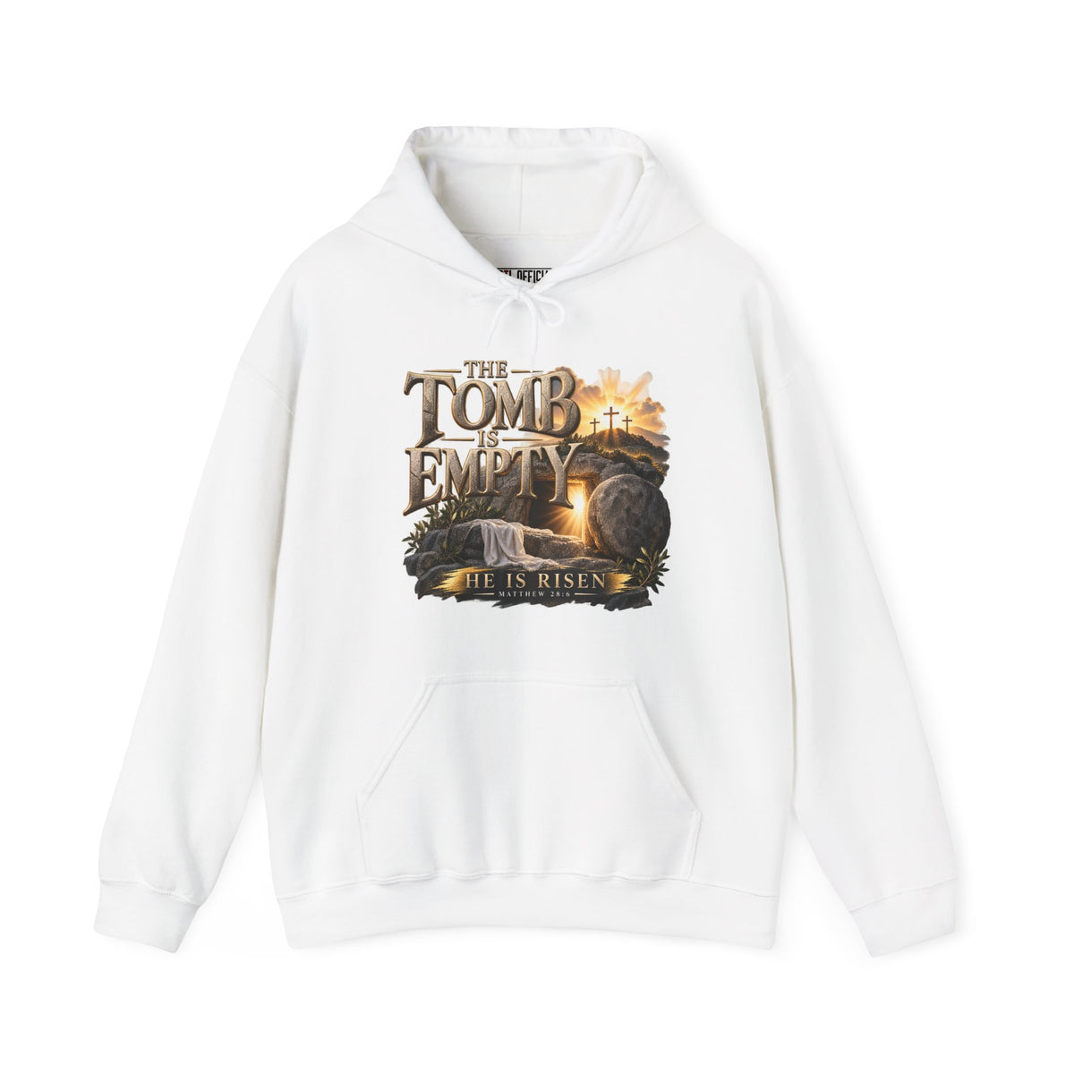 The Tomb Is Empty — Matthew 28:6 Christian Hoodie. A celebration of the greatest victory in history: Jesus Christ is risen. 