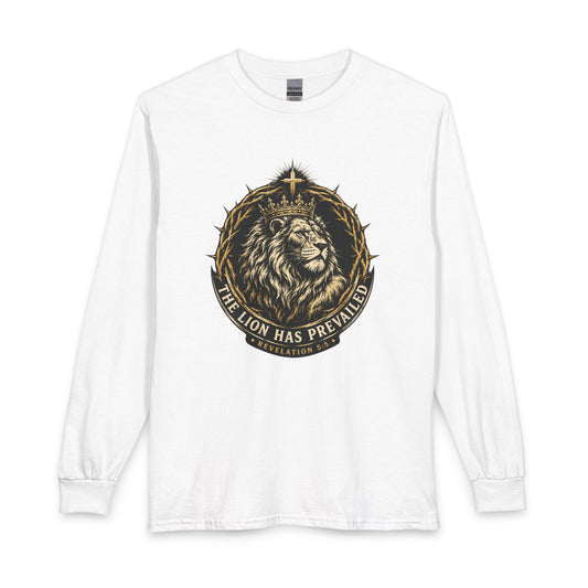 The Lion Has Prevailed Christian Shirt. Inspired by Revelation 5:5, this gold-and-cream design is a reminder that your hope rests in the One who has overcome. 