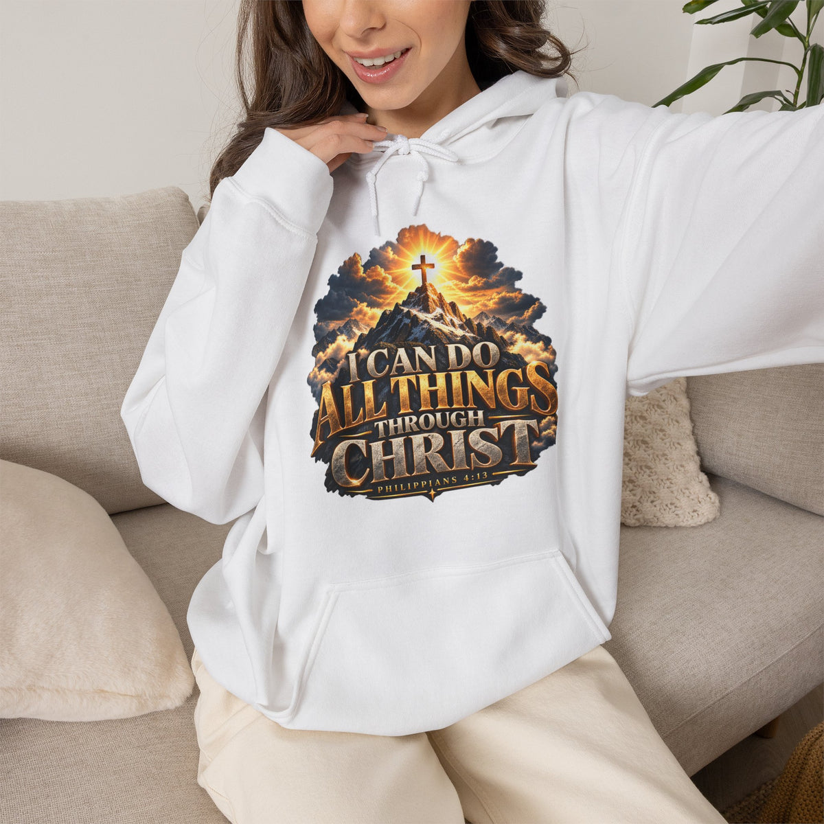 I Can Do All Things Through Christ – Philippians 4:13 Mountain Cross Design Christian Hoodie