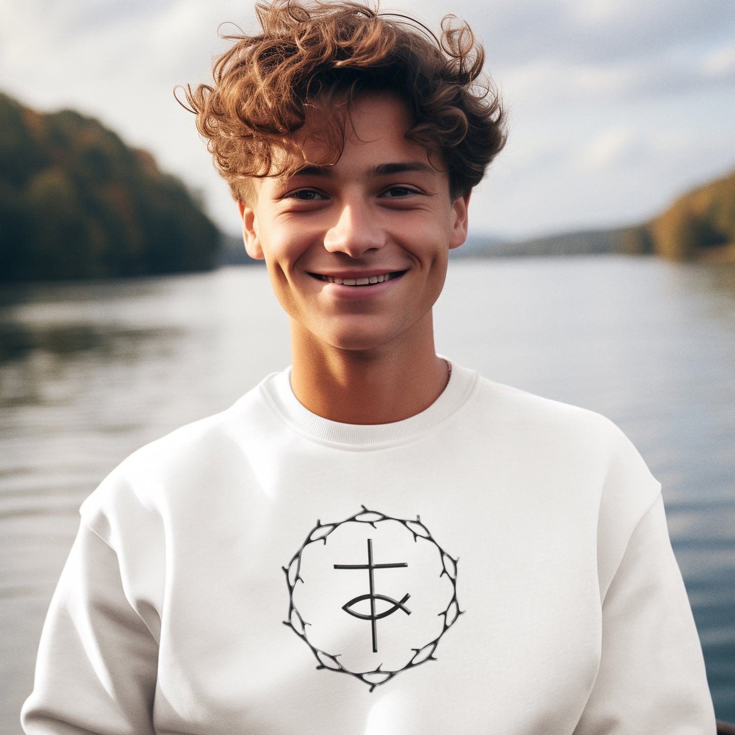 Circle of Thorns, Cross & Fish Unisex Heavy Blend™ Crewneck Sweatshirt