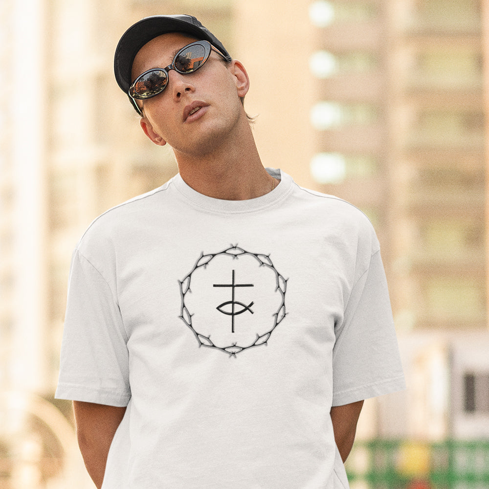 Circle of Thorns & Cross with Fish Unisex Jersey Short Sleeve Tee